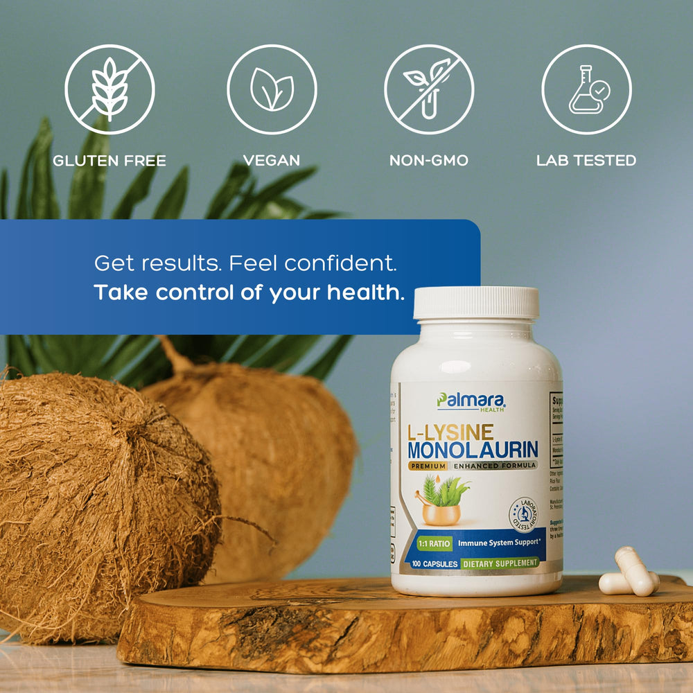 1:1 ratio visual highlight for balanced L-Lysine and Monolaurin servings.