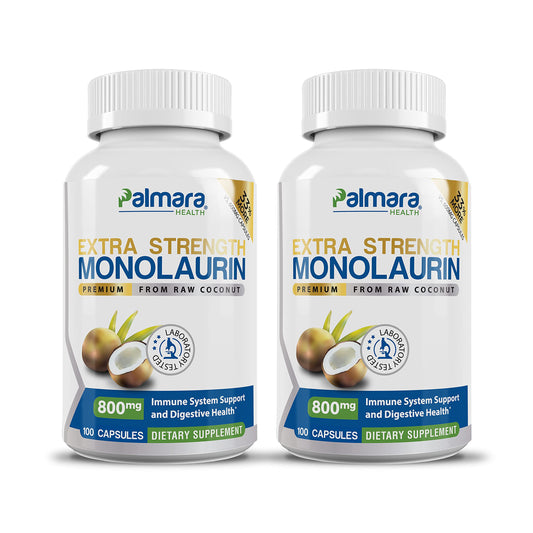 Palmara Health Monolaurin bottle shows 800mg capsule strength for daily use