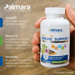 Palmara Health Premium Immune Support bottle back label shows 16-in-1 blend and USA quality.