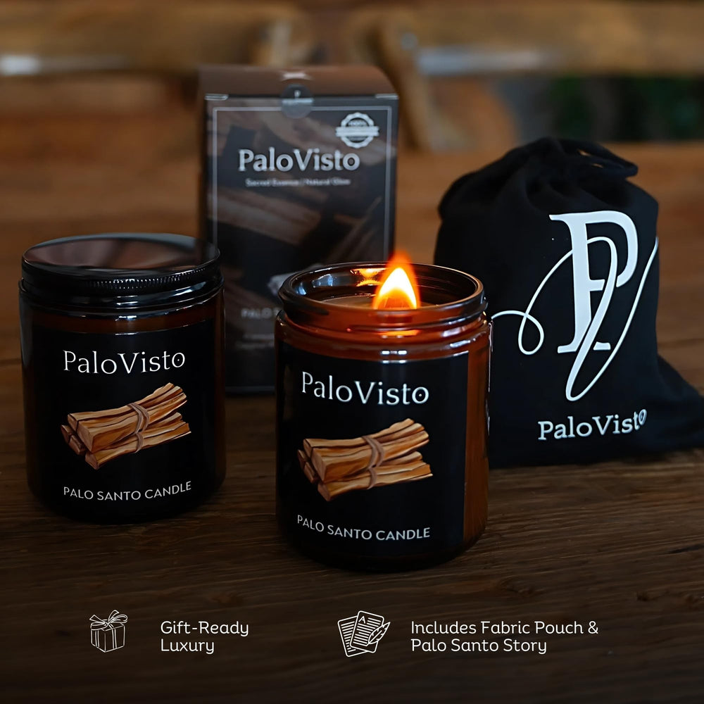 Relaxing home spa ambiance from PaloVisto Palo Santo candle.
