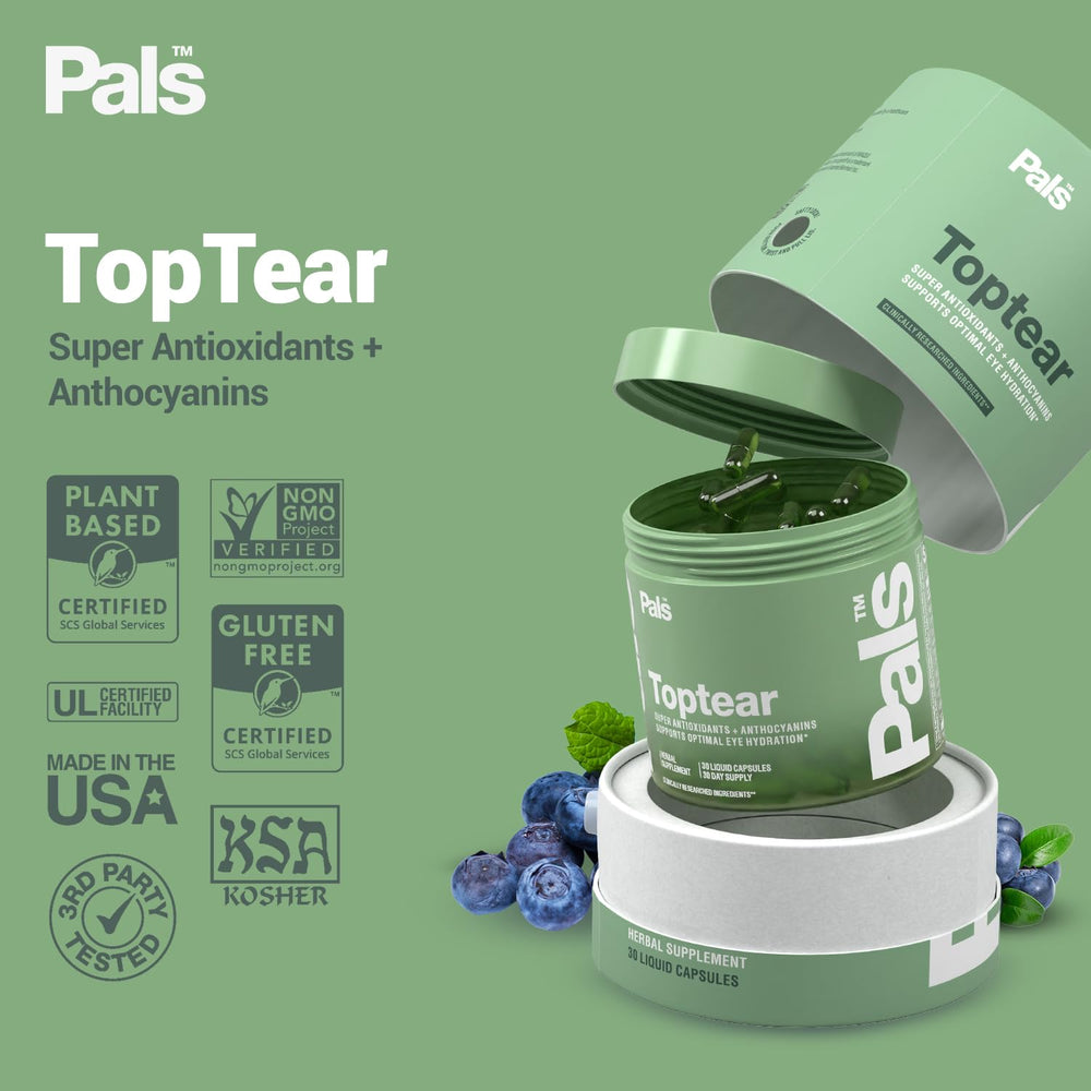 PALS Toptear capsule highlights vegan eye vitamins for daily comfort.