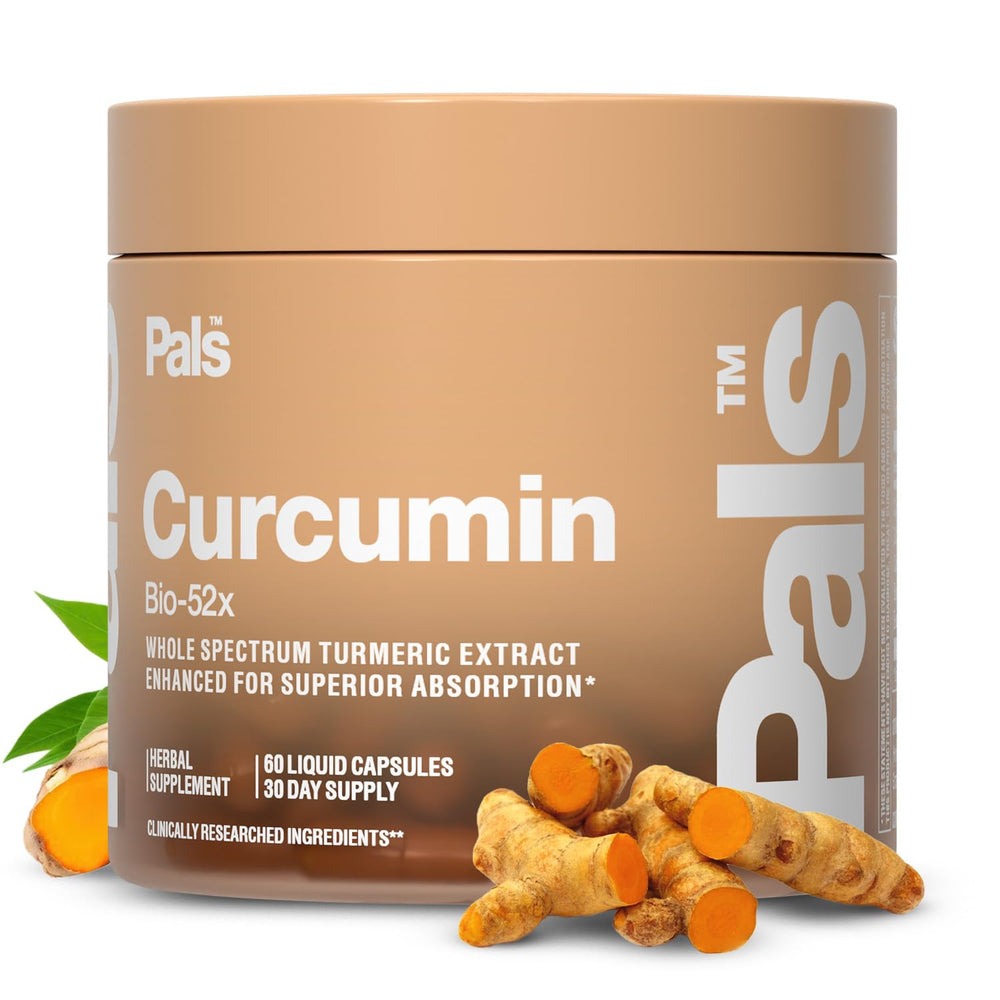 PALS Turmeric Curcumin 500mg capsules close-up, vegan formula for joint support.