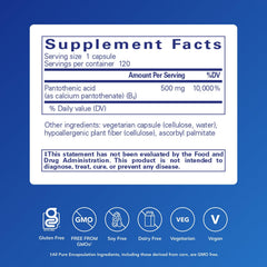 Pantothenic acid capsules closeup highlights easy daily supplementation and capsule quality.