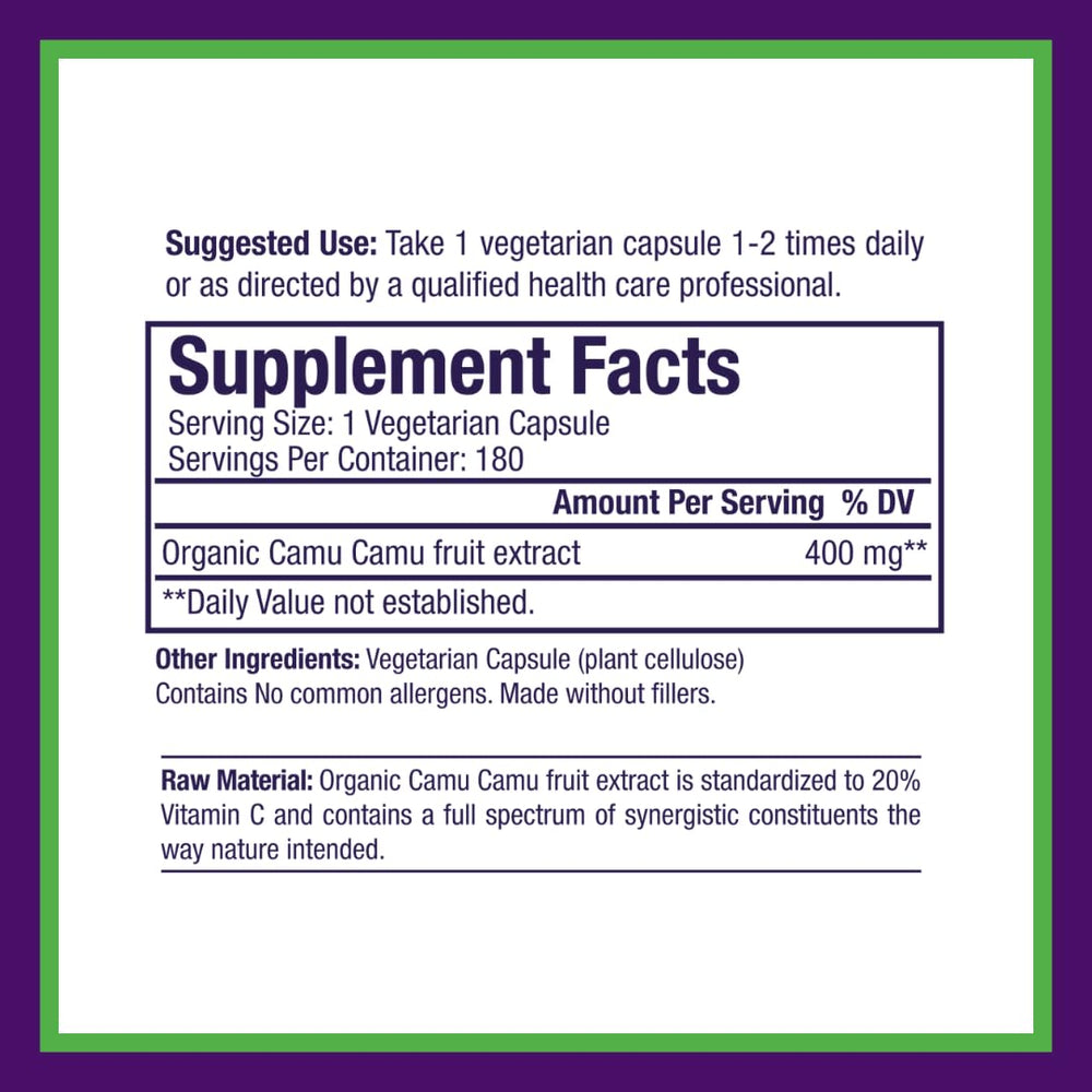 Paradise Herbs Camu Camu extract ingredients panel highlighting gluten-free and non-GMO formula.