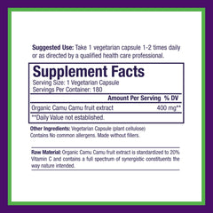 Paradise Herbs Camu Camu extract ingredients panel highlighting gluten-free and non-GMO formula.