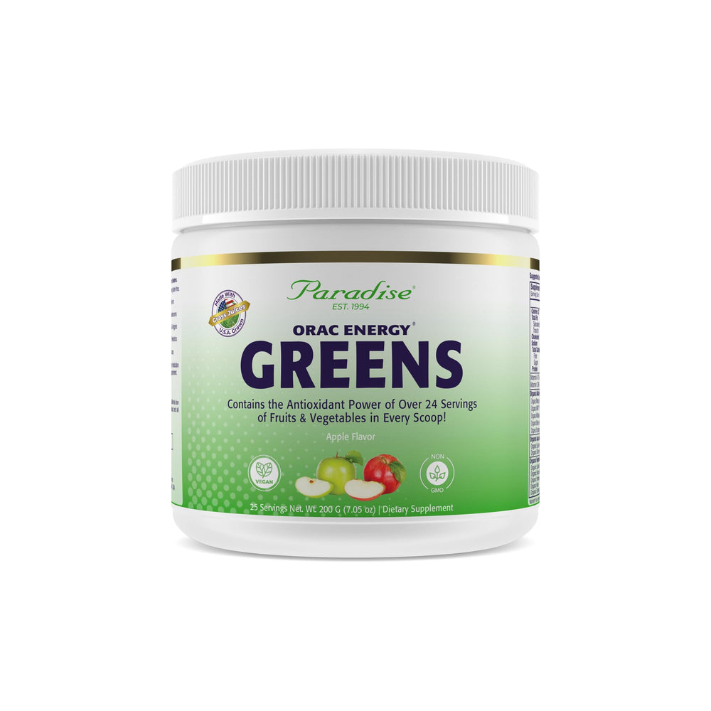 Paradise Herbs ORAC Energy Greens bottle shows organic greens and berries for daily vitality.
