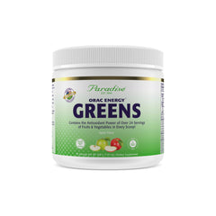 Paradise Herbs ORAC Energy Greens bottle shows organic greens and berries for daily vitality.