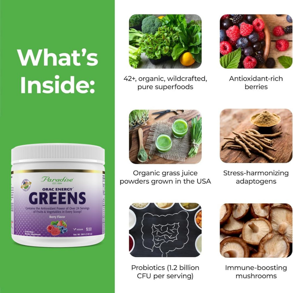 Paradise Herbs ORAC Energy Greens ingredients close-up showcasing 42+ organic superfoods.