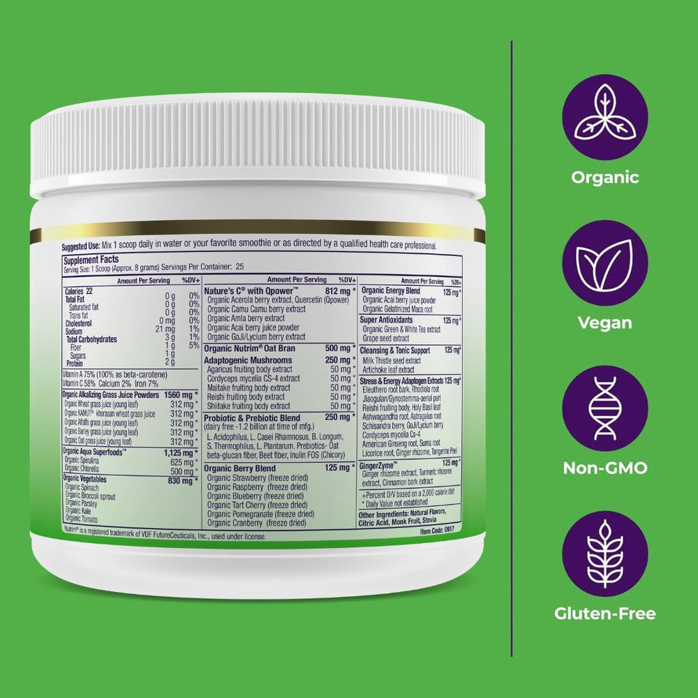 Paradise Herbs ORAC Energy Greens organic certification seal signals clean nutrition.