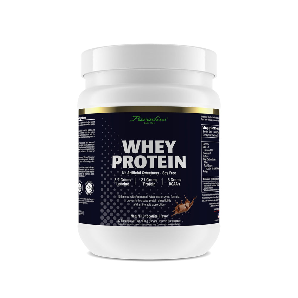 Paradise Herbs whey protein chocolate powder in a jar, clean protein for daily workouts.
