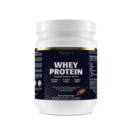 Paradise Herbs whey protein chocolate powder in a jar, clean protein for daily workouts.