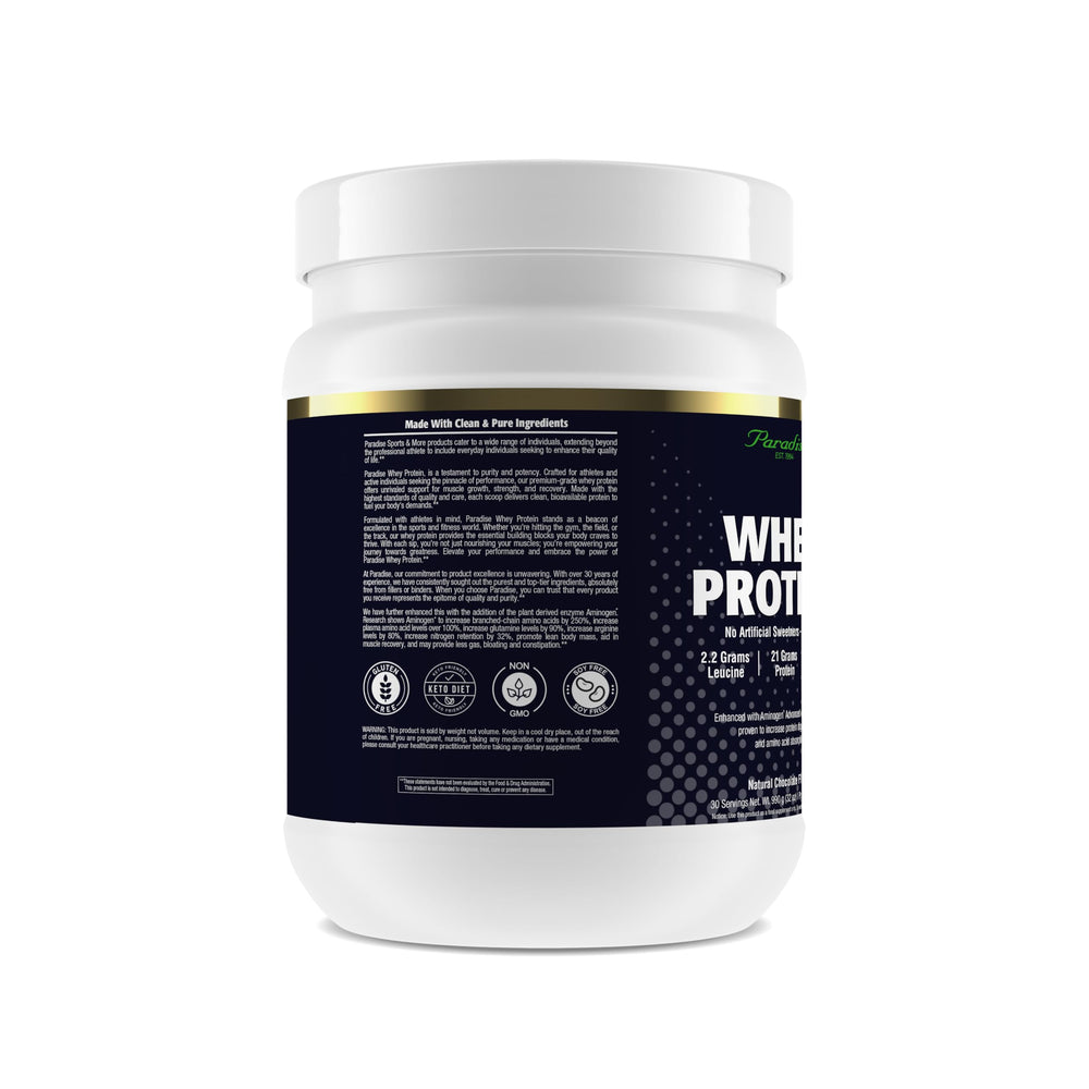Paradise Herbs whey protein chocolate scoop beside a jar, showcases fast-digesting nutrition.