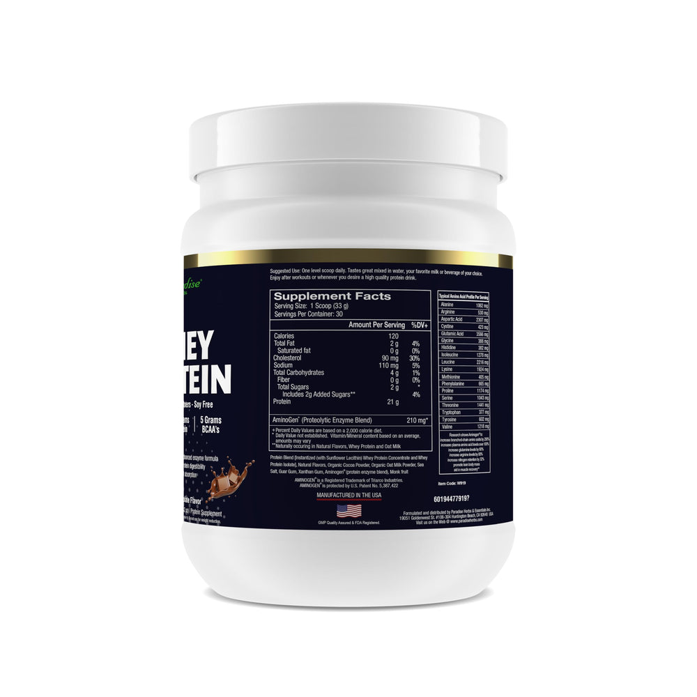Paradise Herbs whey protein chocolate shake in a glass, ideal post-workout recovery.