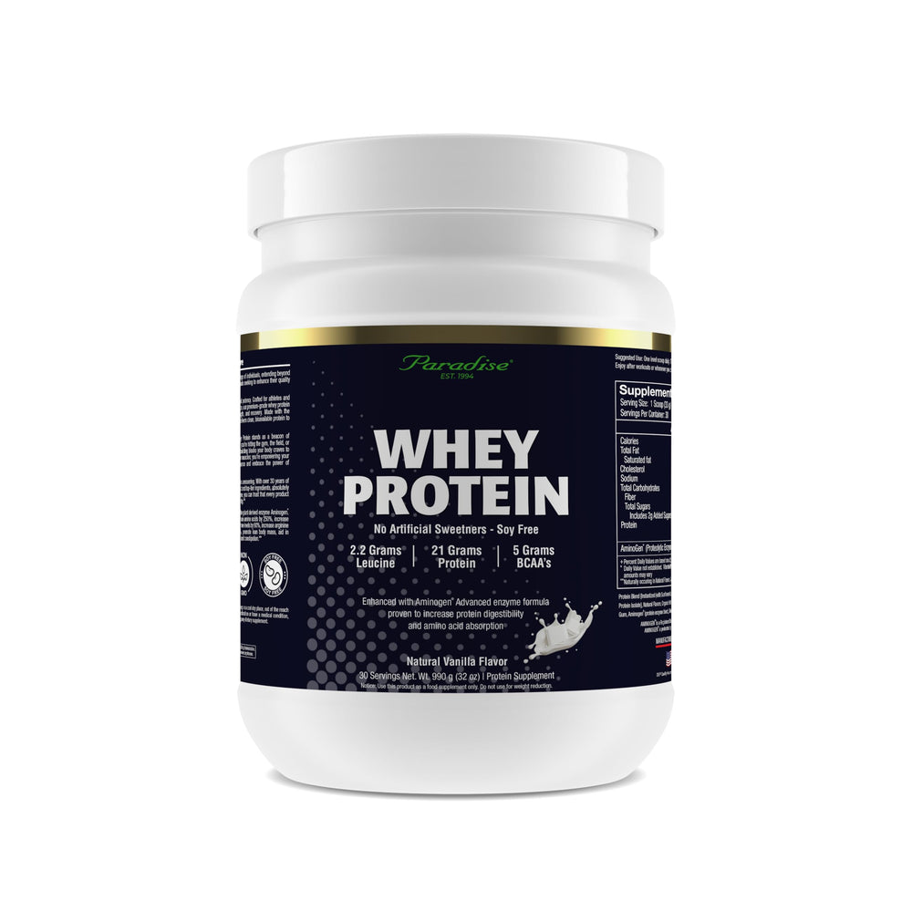 Paradise Herbs whey protein vanilla tub for daily fueling and recovery