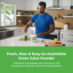Paradise Herbs ORAC Energy Greens lifestyle shot with glass and scoop for energy and balance