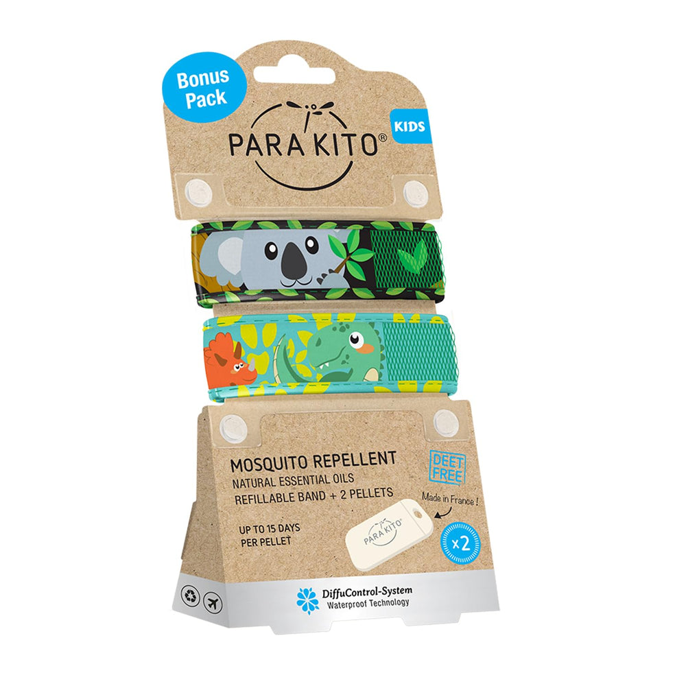 PARA'KITO Green Dinosaur wristband on a kid's wrist offering adjustable outdoor wear