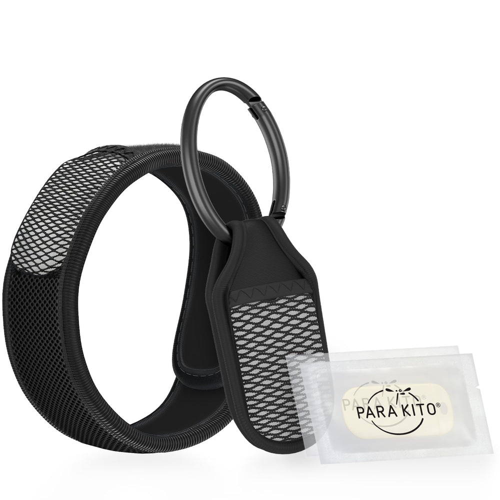 PARA'KITO mosquito repellent wristband in black for outdoor protection.