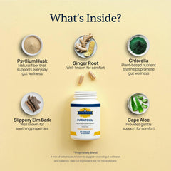 Paratoxil ingredients like psyllium husk and chlorella for gentle daily support.