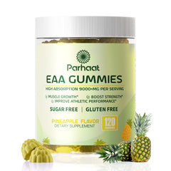 Parhaat EAA Gummies Pineapple bottle showing convenient energy support for workouts.