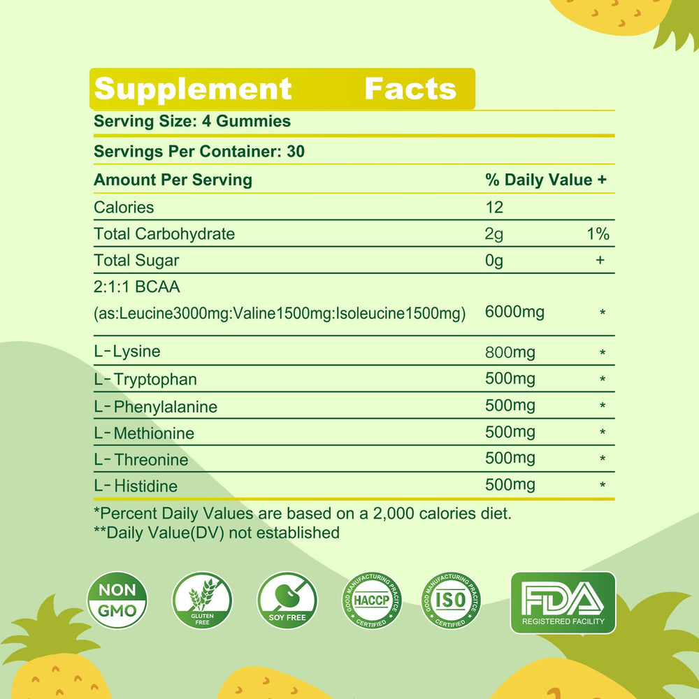 Parhaat EAA Gummies Pineapple label highlights gluten-free and vegetarian-friendly formula.