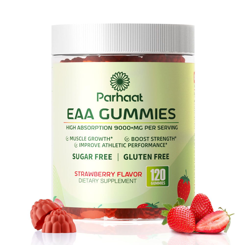 Parhaat EAA Gummies strawberry bottle front, energy support for workouts.