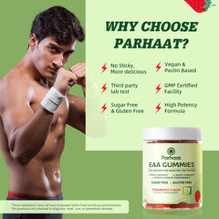 Parhaat EAA Gummies strawberry packaging, non-GMO and sugar-free formula.