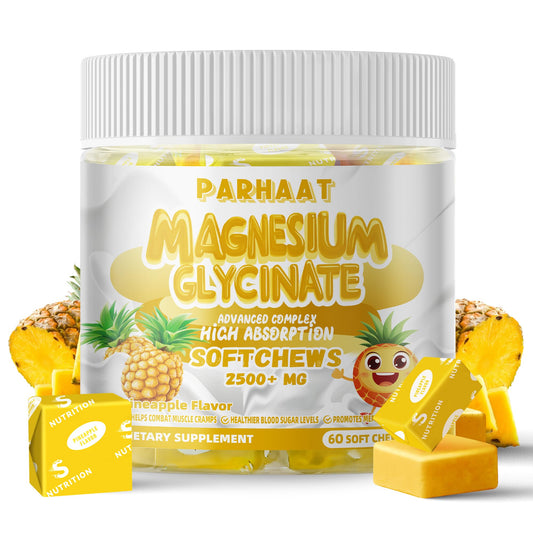 Parhaat magnesium glycinate soft chews pineapple bottle on-the-go calm support