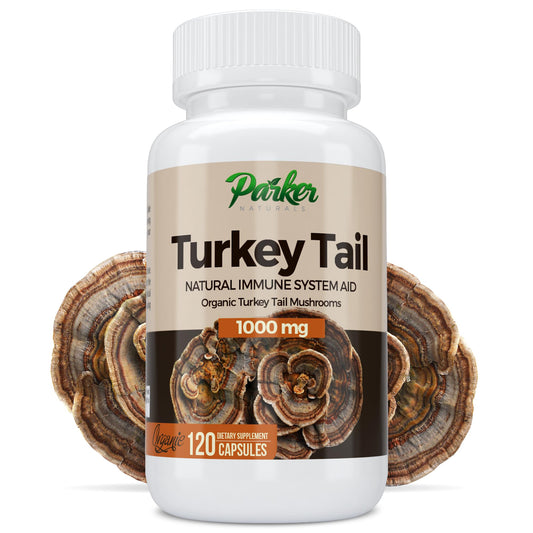 Parker Naturals Turkey Tail bottle pour showing an easy daily wellness routine