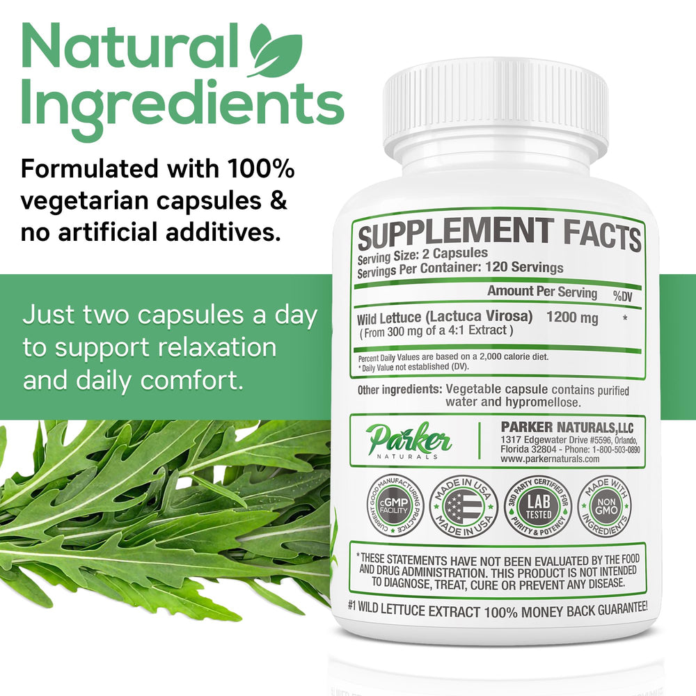 Parker Naturals Wild Lettuce Extract capsules arranged for an evening routine.