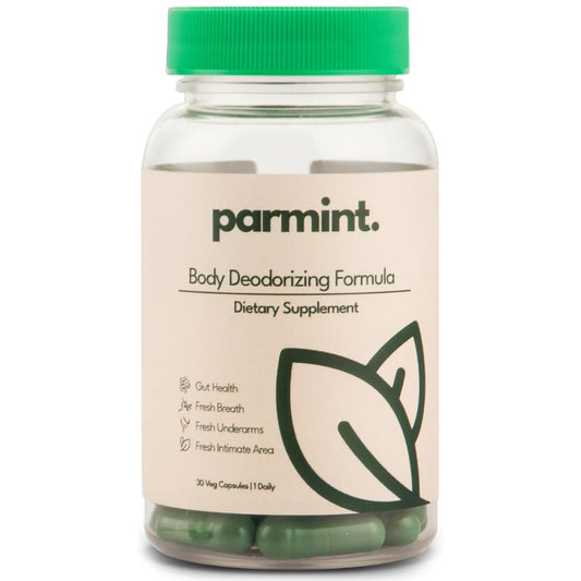 Parmint whole-body freshness bottle showing daily capsules for odor balance