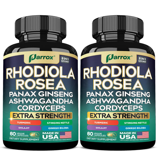 Parrox rhodiola rosea capsules on bottle label for daily wellness support.