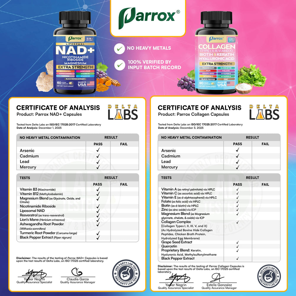 Parrox Forever Young USA GMP facility badge reassures clean production and quality control.
