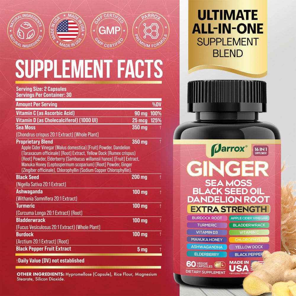 Parrox Ginger 16-in-1 capsules closeup highlights compact, convenient daily nutrition