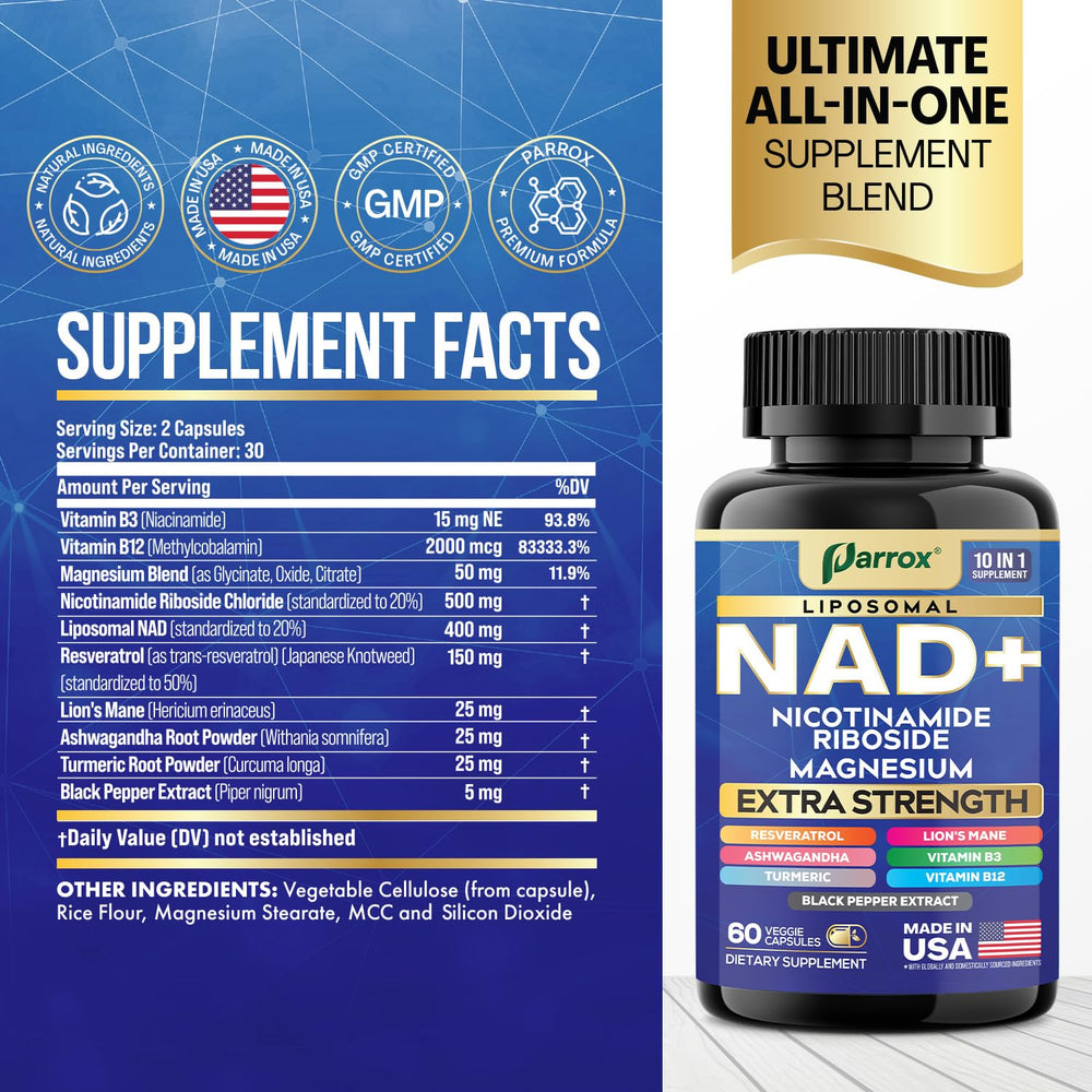 Close-up of Parrox liposomal NAD+ bottle highlighting advanced delivery for energy metabolism and daily use.