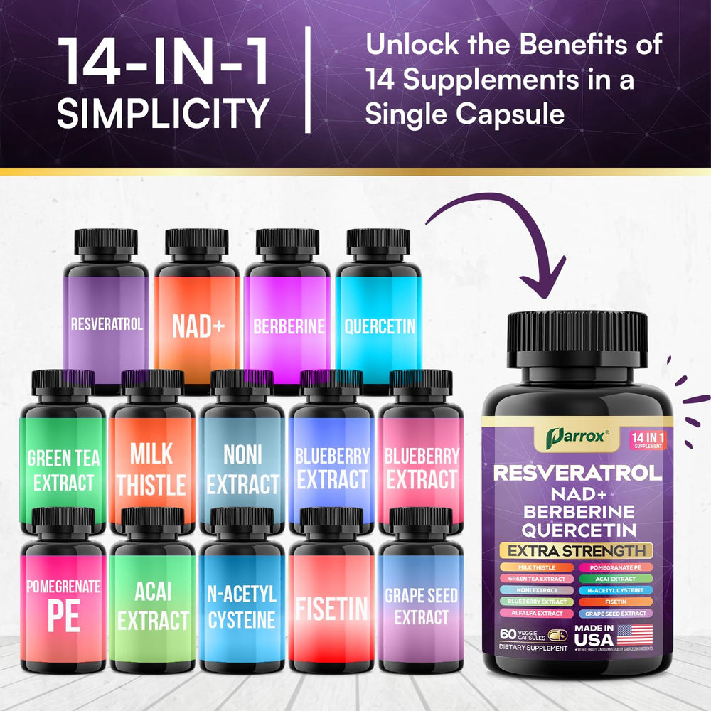 Parrox Resveratrol bottle on kitchen counter suggests simple daily supplementation.