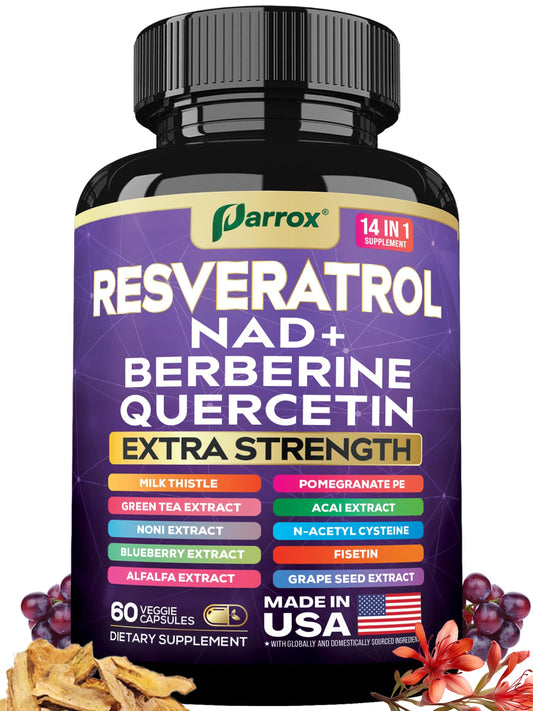 Parrox Resveratrol bottle showcases capsules, promoting daily vitality and antioxidant support.