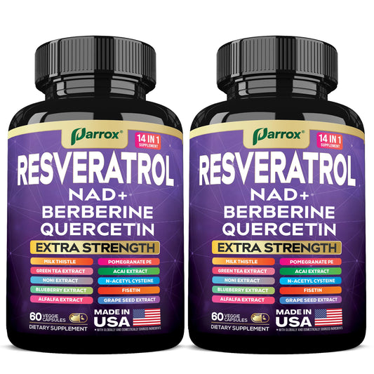 Parrox Resveratrol bottle with 14-in-1 formula for daily vitality.