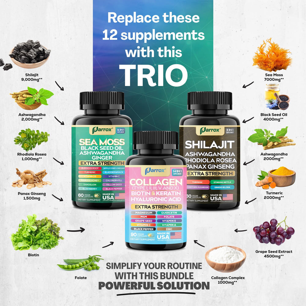 Parrox Ultimate Wellness Trio collagen bottle supports skin and joints with hydrolyzed collagen blend.
