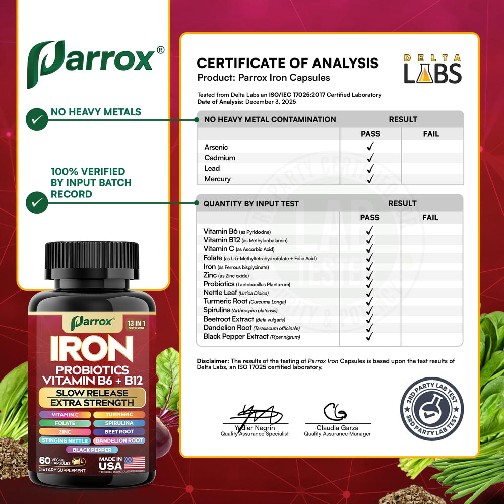Parrox us-manufactured quality control label on bottle.