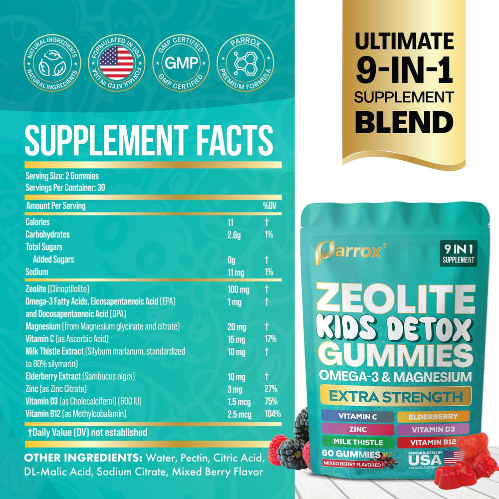 Parrox Zeolite Kids Gummies mixed berry flavor shown in bottle.
