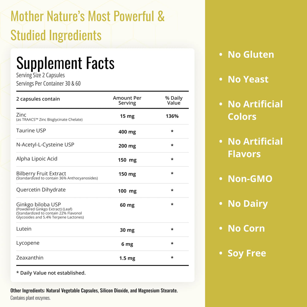 Eye Max Vision capsules highlight zinc and lutein for retina clarity in daily screen use.