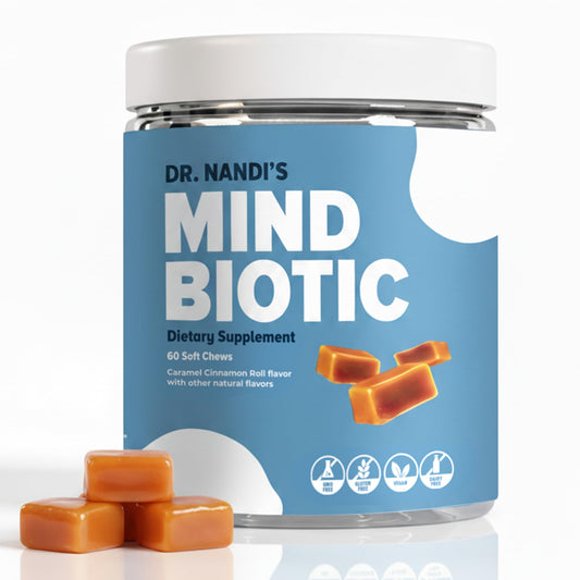 Partha Nandi MindBiotic chews in a caramel cinnamon bottle for convenient daily brain-gut balance.