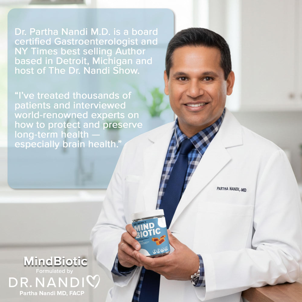 Partha Nandi MindBiotic stress-balance packaging highlights adaptogenic Ashwagandha support.