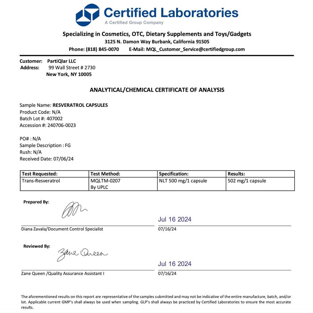 PartiQlar third-party testing seal indicating quality verification.