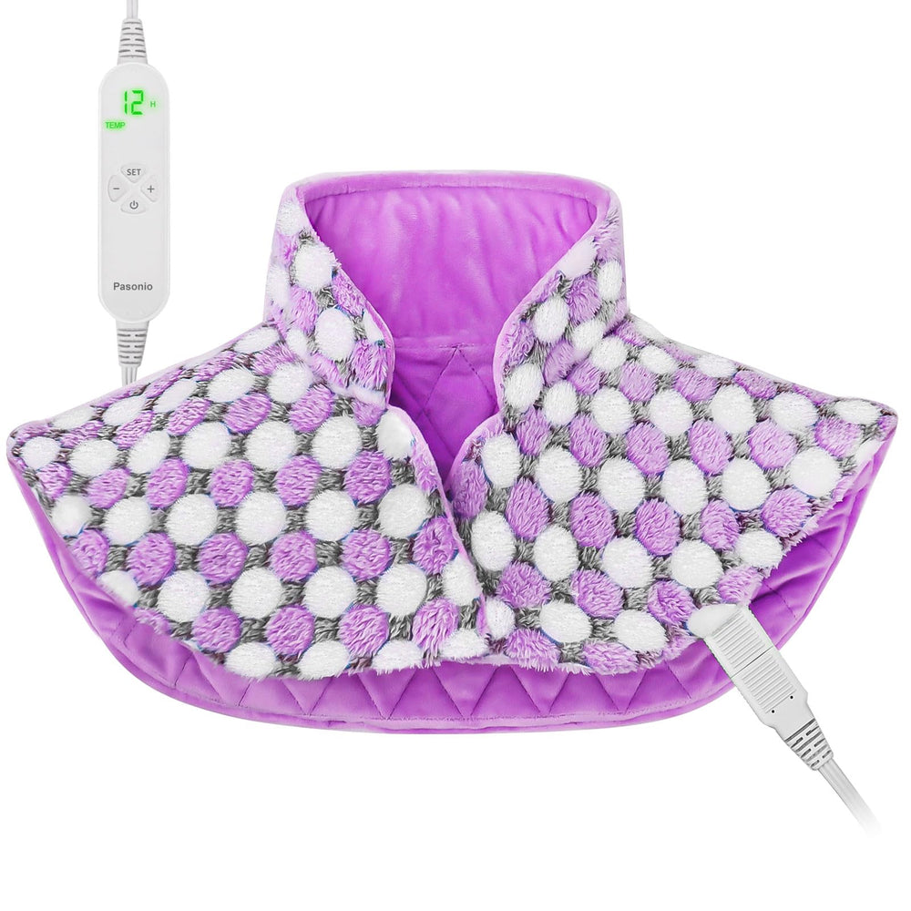 Pasonio full weighted heating pad on neck and shoulders delivering targeted warmth.
