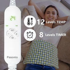 Pasonio XL heating pad on shoulder and neck delivers broad, comforting heat.