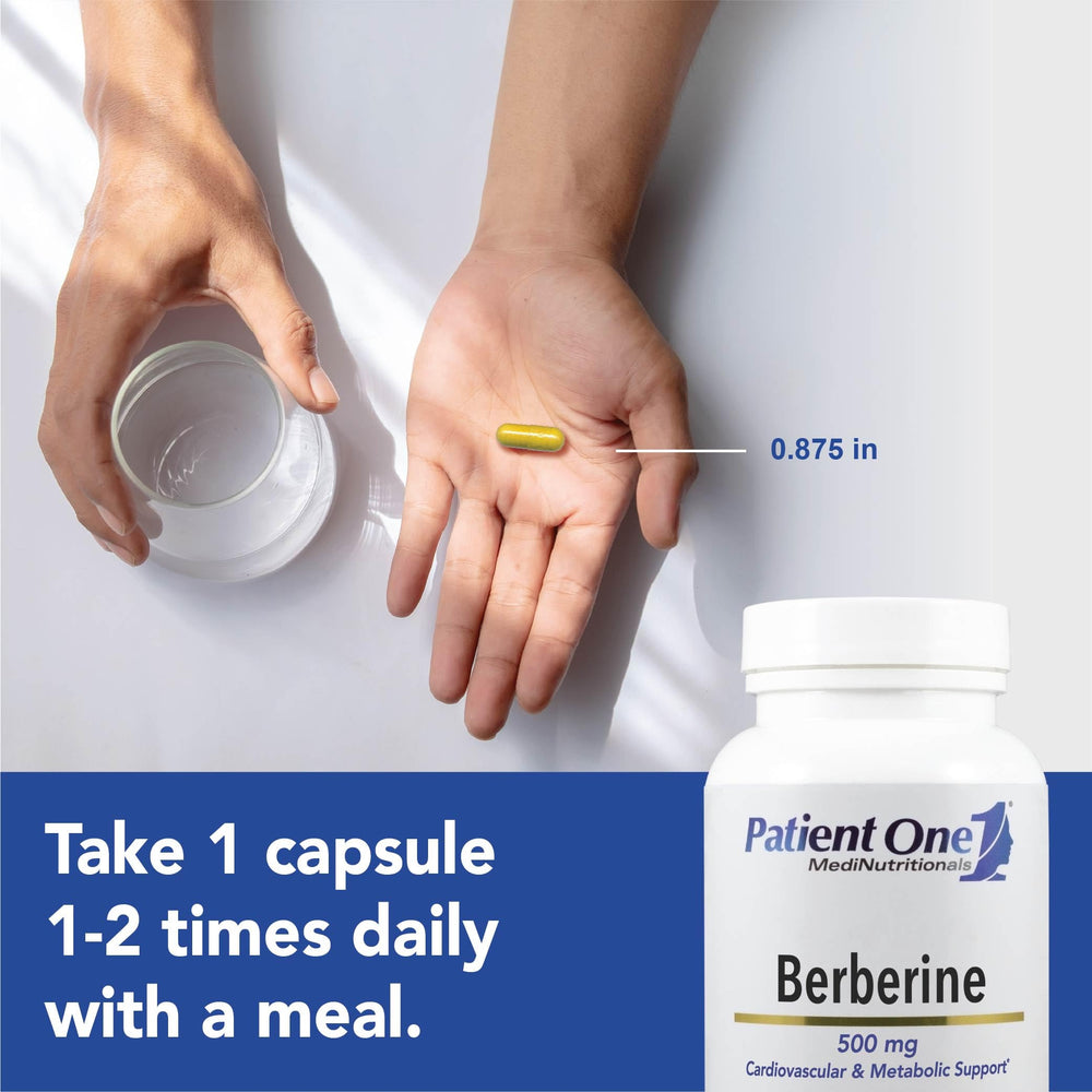 Patient One Berberine bottle top view emphasizes vegetarian formula and purity.