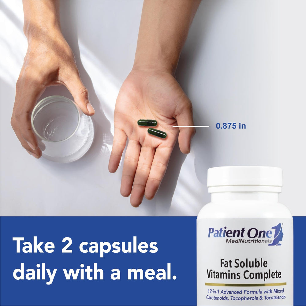 Patient One Fat Soluble Vitamins Complete label shows comprehensive nutrient coverage.