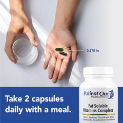 Patient One Fat Soluble Vitamins Complete label shows comprehensive nutrient coverage.