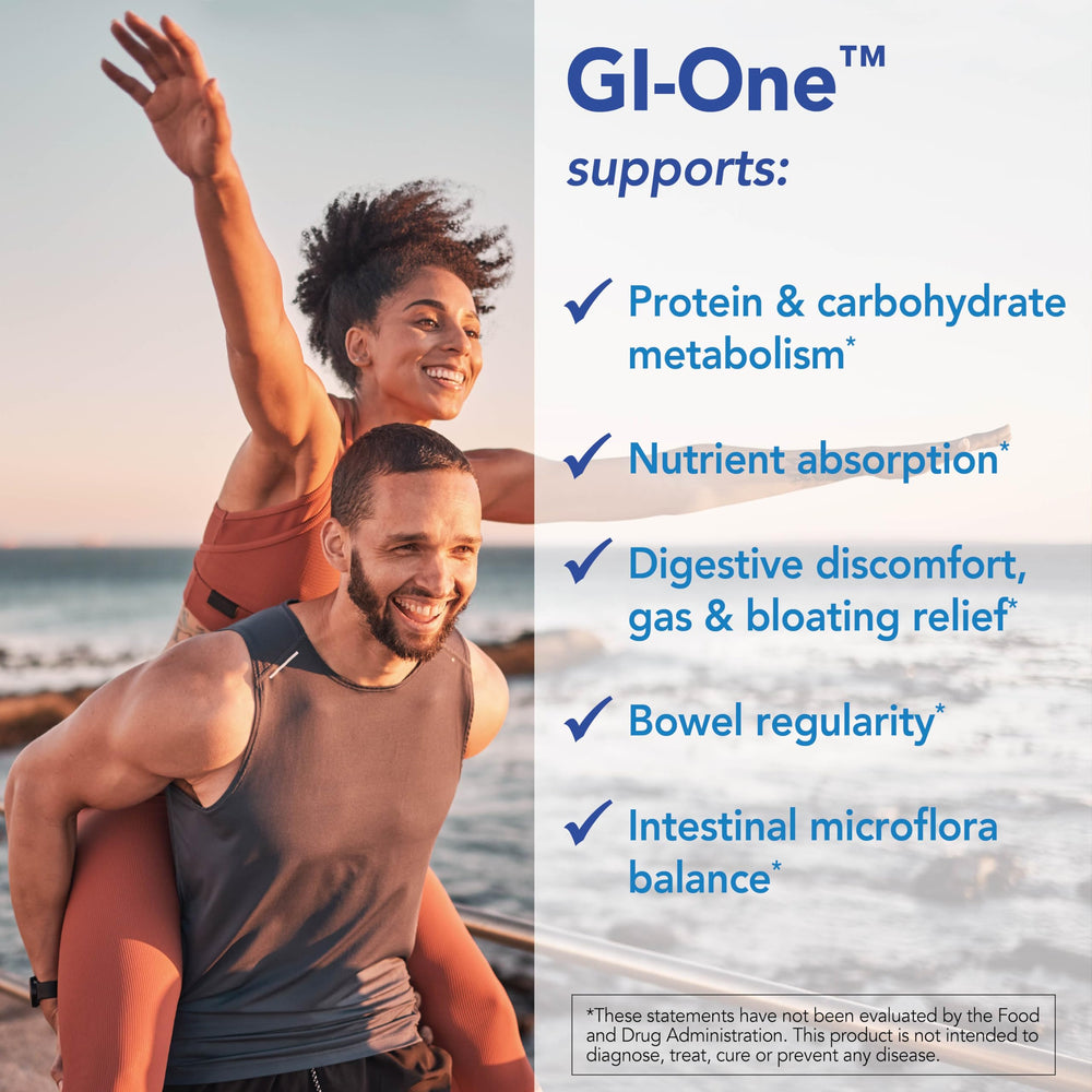 Patient One GI-One ingredients panel shows enzyme blend and probiotic base.